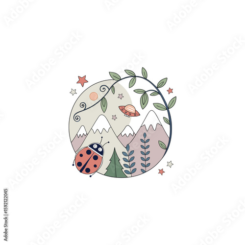 Scenery vector with mountain and ladybug