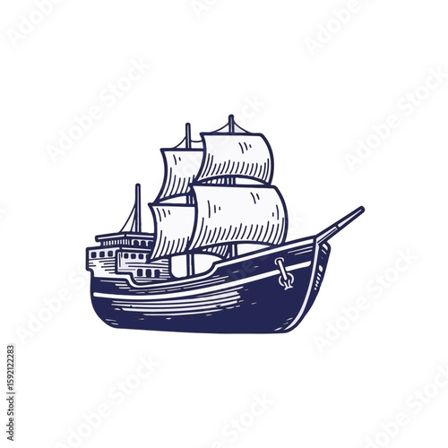 Classic sailing ship illustration with three masts and full sails. Detailed nautical vessel drawing shows wooden hull and rigging.