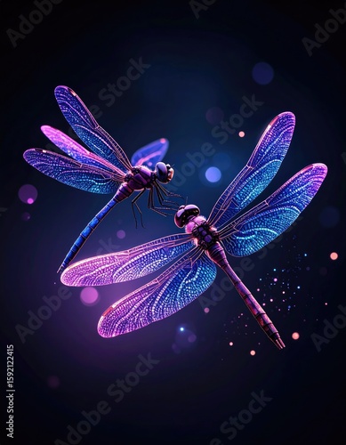 Two vibrant purple and blue dragonflies in flight, lit by glowing particles