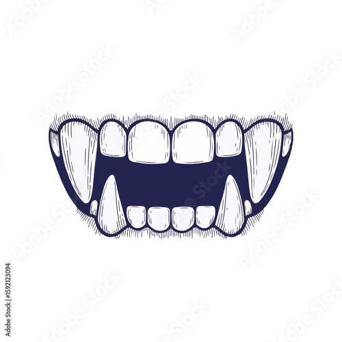 Halloween fangs design with sharp teeth and gums.  Fangs illustration includes detailed drawing of vampire teeth and gums on transparen background. Spooky Halloween fangs graphic for party invitations