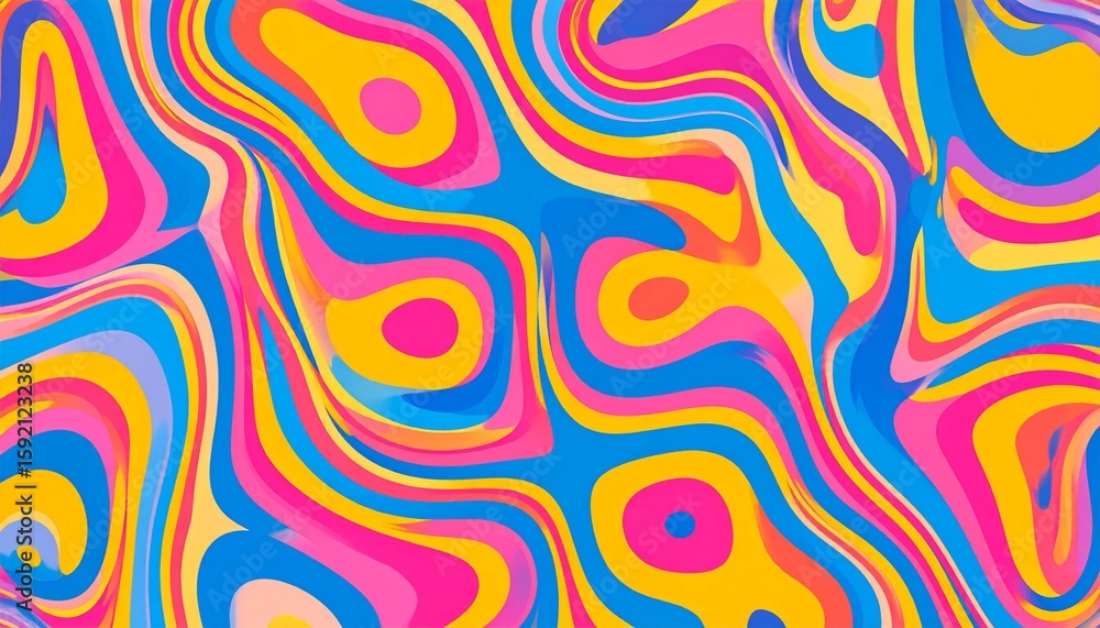 Fototapeta premium Seamless fluid pattern. Abstract colorful shapes, bright colors in 60s psychedelic style on a cool background. Vibrant wavy curves. Flowing retro design.