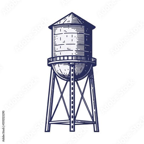Vintage water tower illustration. Detailed drawing of water tower on white background. This classic water tower image is perfect for city logos, nostalgic designs, and vintage-style illustrations.