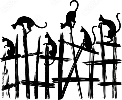 Black feline silhouettes perched on a rustic fence animal