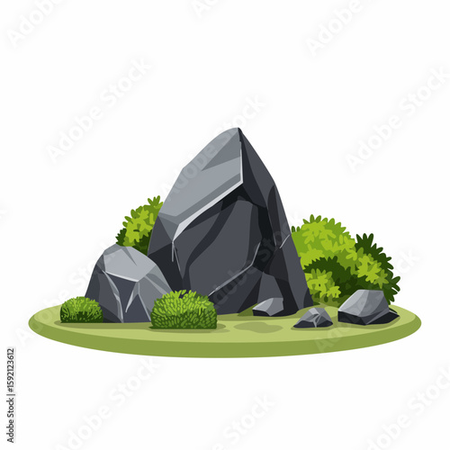 A detailed vector illustration depicts a collection of rocks, several bushes, and a patch of green grass, creating a natural and stylized landscape scene.