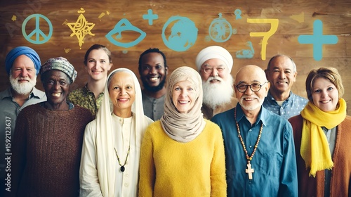 Group of people from different religions standing together, smiling, with symbols of unity and diversity.
Concept: Interfaith harmony, unity, diversity, peace, respect, cultural inclusion, shared huma