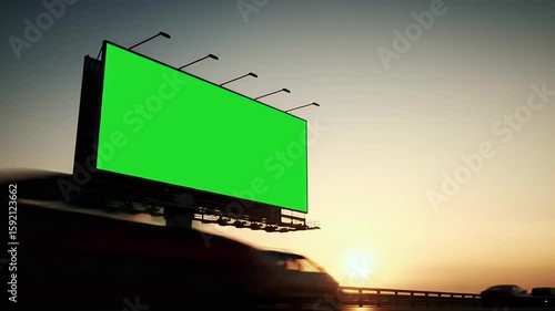 Blank Green Screen Billboard on Highway at Golden Hour with Blurred Traffic - Ideal for Advertising Mockups
