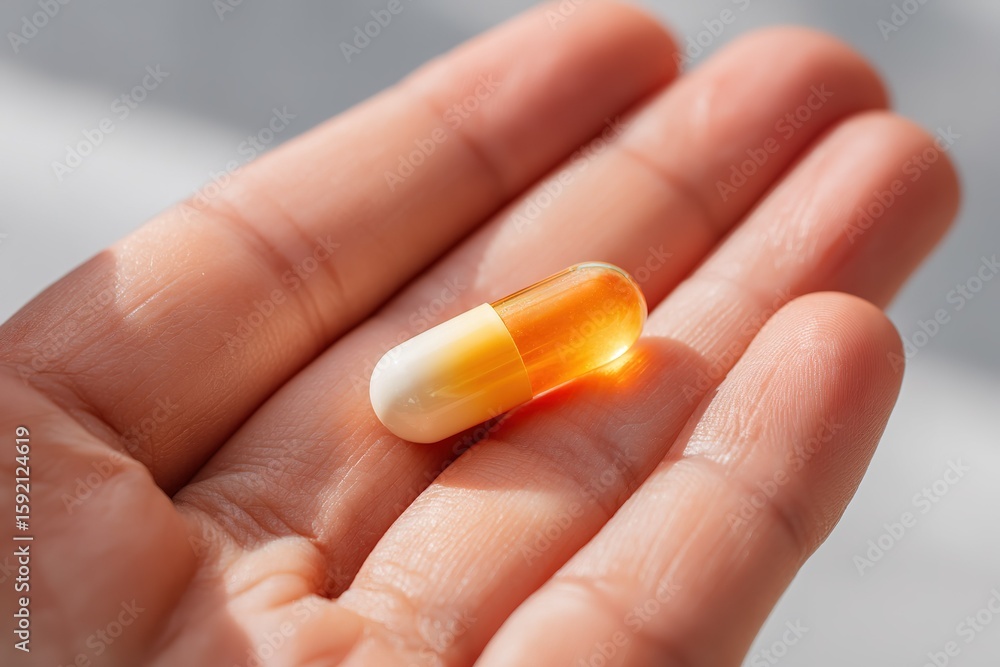 Orange and white capsule held in hand with soft light reflecting on it Orange and white capsule held in hand with soft light reflecting on it