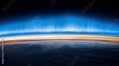 Breathtaking view of Earth from space with vibrant blue aurora-like streaks, warm sunrise hues, vast cloud expanse, and star-filled black background.
