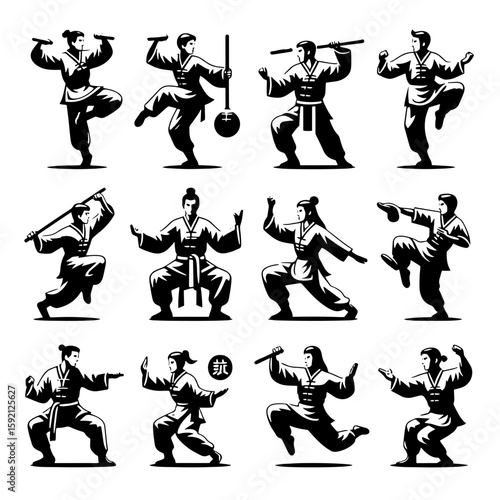 Silhouetted figures performing martial arts stances and wielding weapons in various dynamic poses in black and white