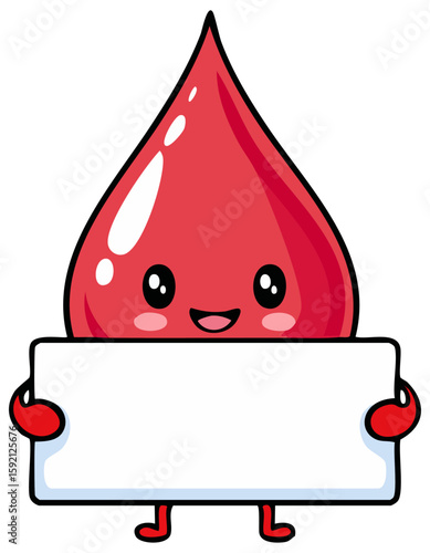 Cartoon red blood droplet holding a blank sign. Blood donation and healthcare concept. 
