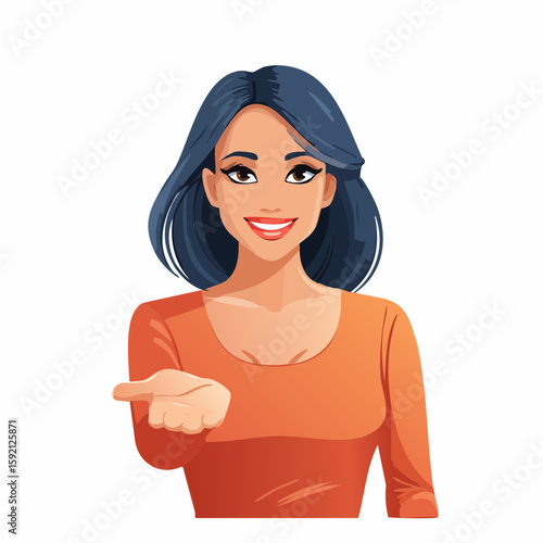 Illustration of a smiling woman with dark blue hair wearing an orange long-sleeved shirt, offering her open hand in a gesture of invitation or giving, with a white background.