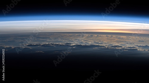 Breathtaking high-altitude view of Earth's atmosphere transitioning from black space to vibrant blue, with a gradient of warm sunrise or sunset colors, vast expanse of soft, 