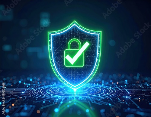 Digital shield with glowing lock and checkmark. Abstract circuit pattern