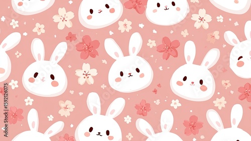 Cute White Bunnies and Pink Flowers Seamless Pattern