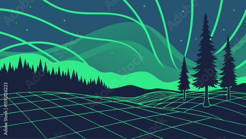 Vibrant Green Aurora Borealis Over a Geometric Landscape Illustration