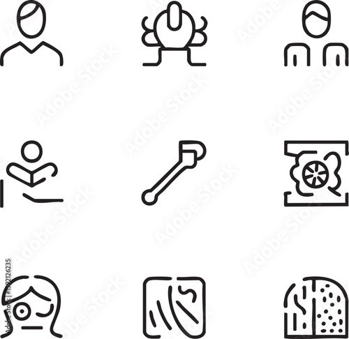 Brain injury and medical conditions vector icon set outline icons,editable stroke doctor,helmet,fracture,rehabilitation,brain damage,trauma,injury,medical treatment,accident icon set
