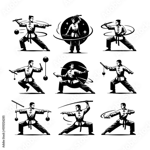 Illustrations of martial artists in various poses wielding weapons in black and white style design