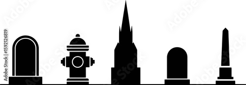 Black silhouette collection of urban elements and memorial markers vector