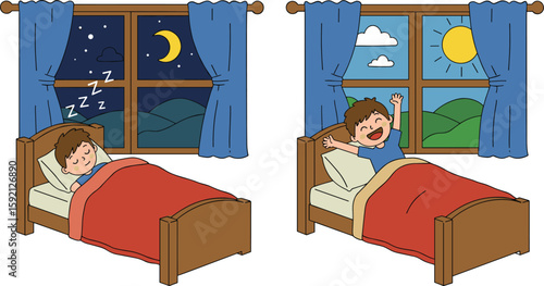 
Boy Sleeping at Night and Waking Up in Morning – Bedtime and Wake-up Routine Cartoon for Kids’ Daily Schedule Education