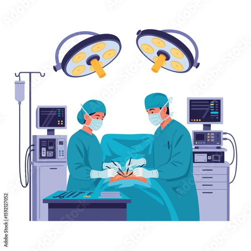 Medical professionals performing a surgical procedure under bright operating room lights.