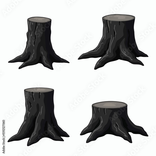 Dark textured tree stumps with exposed roots on a white background