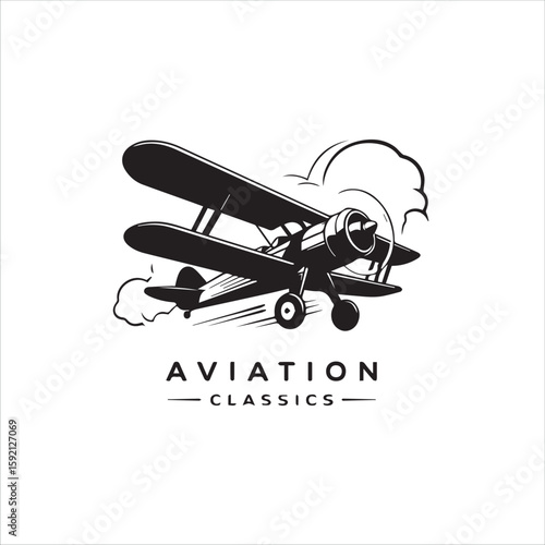 Vintage biplane aircraft soaring through clouds in classic aviation emblem