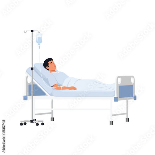 A man lies in a hospital bed with an IV drip attached, resting.