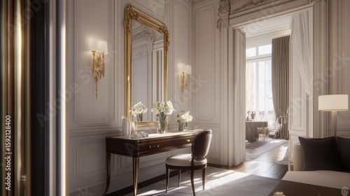 Luxurious interior design of a dressing room with a view.