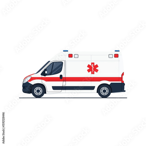 A modern ambulance, white with red stripes and a medical cross, is shown in profile view.