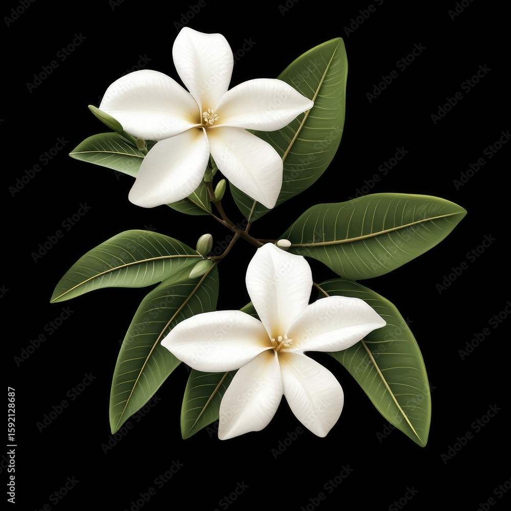 Fototapeta premium White flowers and leaves on black background