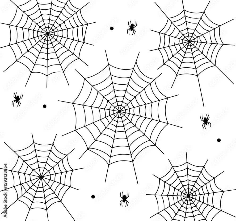 Black spiderwebs and spiders on white background creepy
