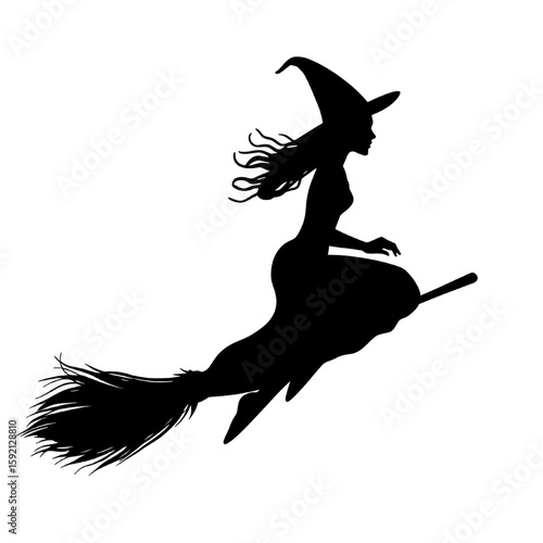 silhouette of flying witch on broomstick with flowing hair isolated on transparent background