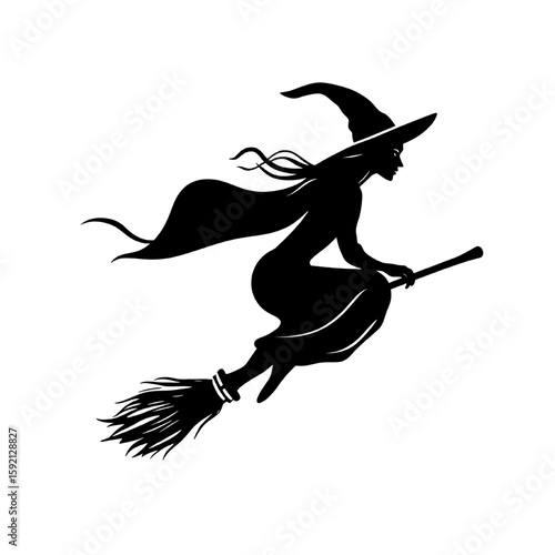 flying witch silhouette with hat and long hair riding broomstick isolated on transparent background