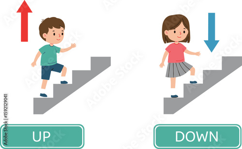 
Cartoon Kids Walking Up and Down Stairs, Directional Concept with Arrows, Educational Vector Illustration for Learning Opposites and Movement