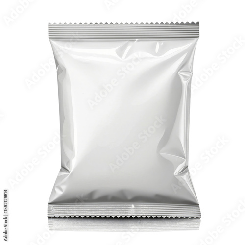 Blank silver foil snack bag or food packaging isolated on transparent background. Realistic vector mockup of an empty metallic pouch with a glossy surface and crimped seals.