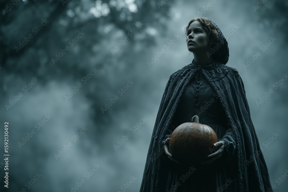 Naklejka premium Mysterious Witch in a Dark Forest Holding a Pumpkin