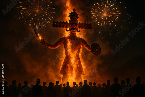 Dramatic Ravana Effigy Burning during Dussehra Festival at Night with Spectators and Fireworks Display