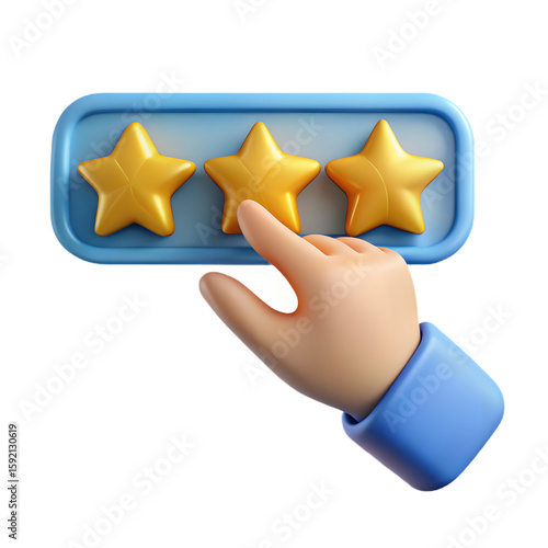 Stylized 3d hand interacting with a three star rating system isolated on transparent background