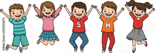 Happy children jumping in joy, colorful kids illustration, cheerful cartoon characters, playful moment, childhood fun, happy kids group smiling