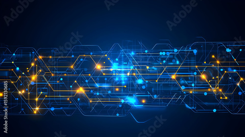 Abstract technology circuit board design with glowing lines and hexagonal shapes, showing complex digital network