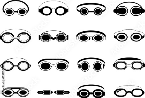 Diverse collection of black and white goggles and eyewear swimming protection