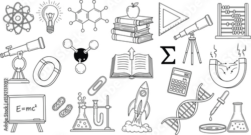 Doodle science, education school icon. Hand drawn sketch style doodle science background. School chemistry, physics education, biology concept icon.