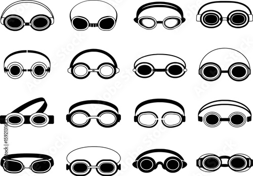 Diverse swimming goggles collection featuring various styles and designs water sport