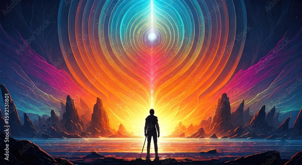 Fototapeta premium A lone figure, staff in hand, stands before a vibrant, cosmic sunrise emanating from a swirling, colorful, energy-filled aperture between dark, stylized, rocky outcrops and a calm body of water