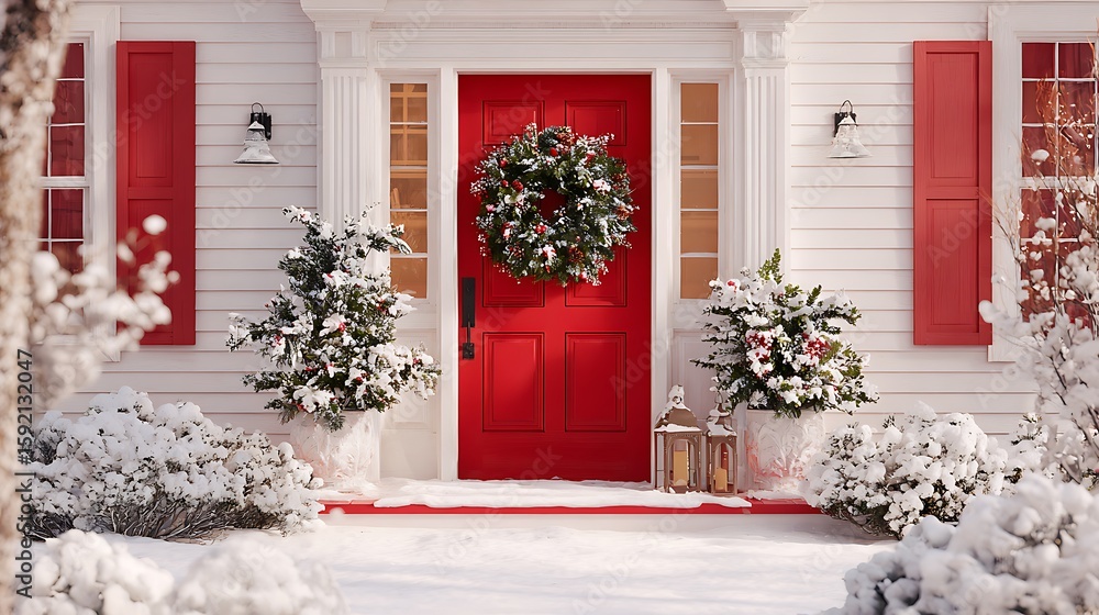 Fototapeta premium A festive red door adorned with a lush Christmas wreath, surrounded by snow-covered decorations for a warm holiday welcome. .