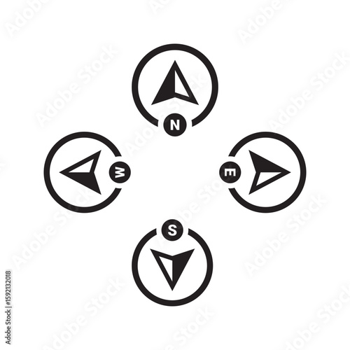Compass icons set. North, south, east and west direction indicator. Compass arrow N E S W. Vector illustration