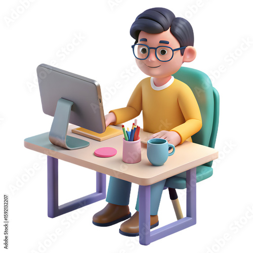Cheerful 3d cartoon boy with glasses working on computer at desk with coffee mug and supplies isolated on transparent background
