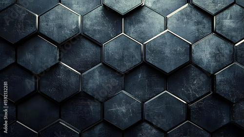 Dark, textured hexagon tiles create a strong, futuristic wall.  Hexagonal, layered, and distressed surfaces with a metallic appearance