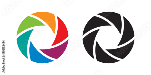 Camera shutter icon symbol collection. Color and Black and white aperture icon set. Flat vector stock illustration.