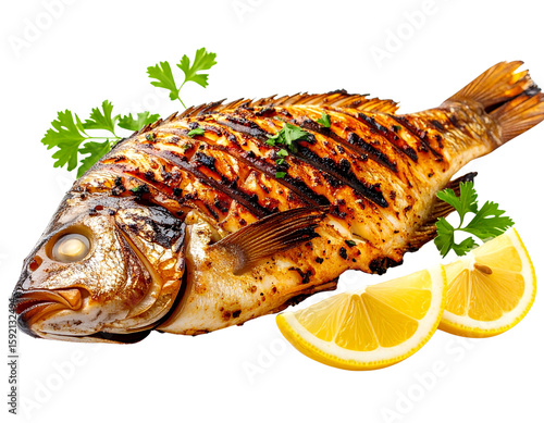 Whole Grilled Tilapia with Char Marks and Lemon Garnish, Side View, Isolated on White Background